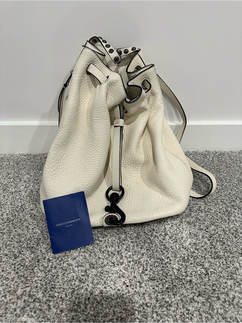 Rebecca Minkoff White Pebbled Leather Drawstring Backpack Bucket Bag